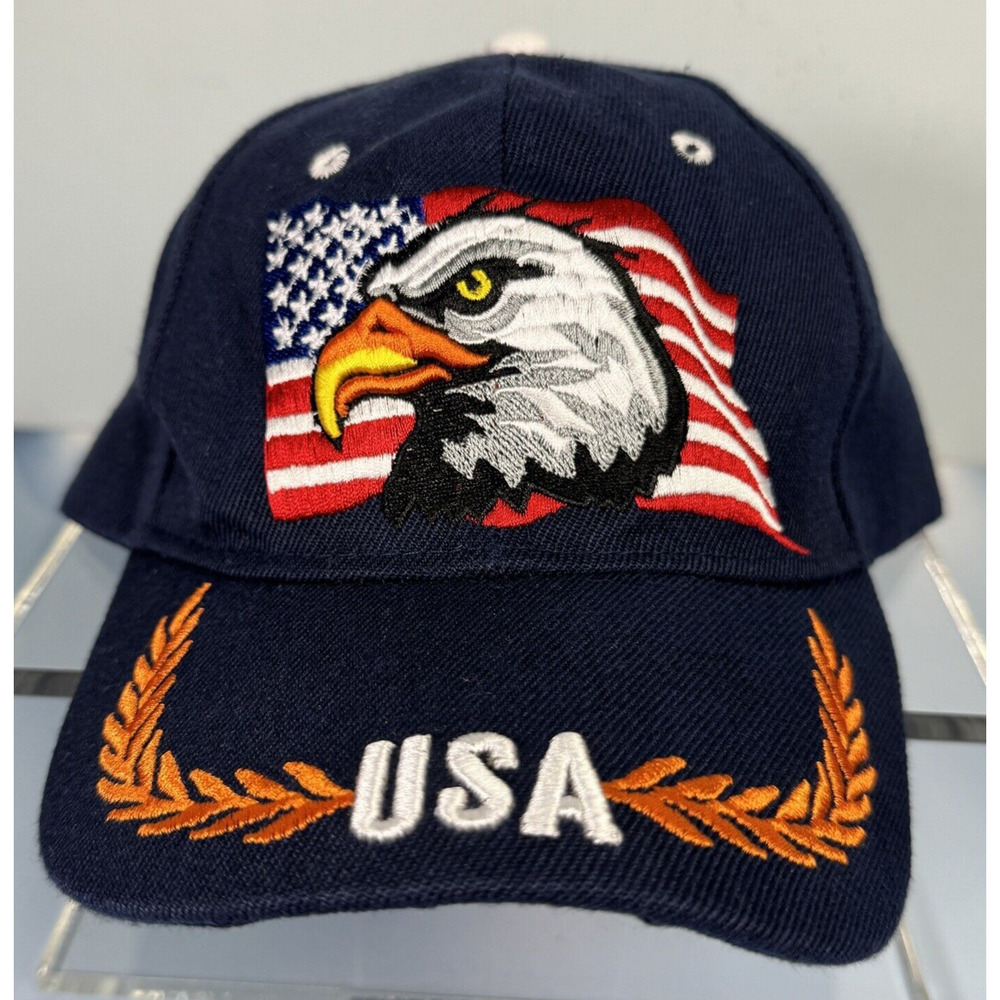 VTG Hat American USA Eagle Flag Cap Blue Baseball Military Patriotic Embroidered